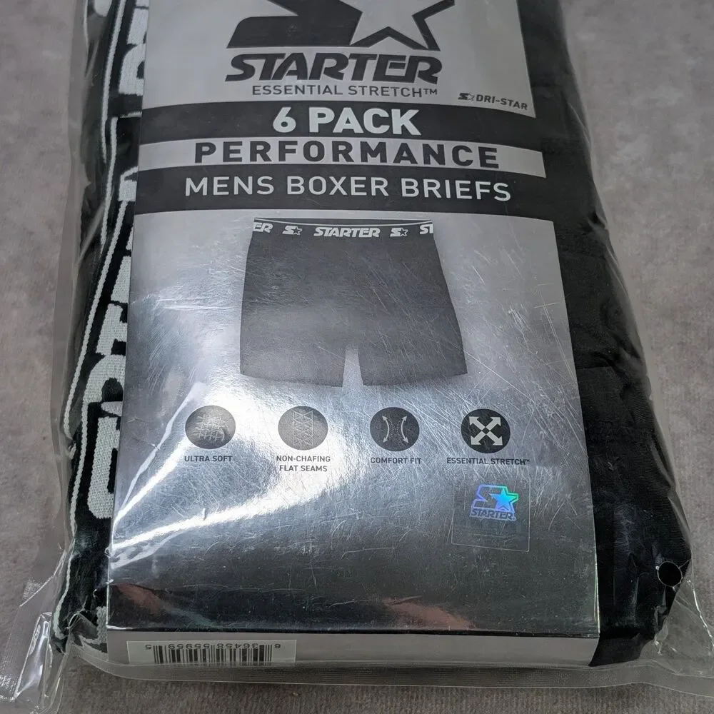 Starter Mens Performance Boxer Briefs 6 Pack Black Dri-Star Stretch Size 4XL New